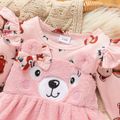 2pcs Baby Girl Bear Graphic Ruffle Trim Long-sleeve Spliced Embroidered Fuzzy Dress with Headband Set Pink image 3