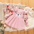 2pcs Baby Girl Bear Graphic Ruffle Trim Long-sleeve Spliced Embroidered Fuzzy Dress with Headband Set Pink image 1