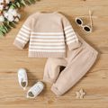 2pcs Baby Boy/Girl Button Front Striped Long-sleeve Knitted Top and Pants Set LightKhaki image 2
