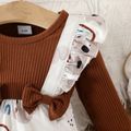 2pcs Baby Girl 95% Cotton Long-sleeve Rib Knit Spliced Koala Print Ruffle Trim Jumpsuit with Headband Set Brown image 4