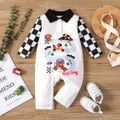 Baby Boy Contrast Collar Checkered Long-sleeve Graphic Print Jumpsuit BlackandWhite image 1