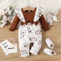 2pcs Baby Girl 95% Cotton Long-sleeve Rib Knit Spliced Koala Print Ruffle Trim Jumpsuit with Headband Set Brown image 1