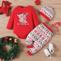 Christmas 3pcs Baby Boy Red Long-sleeve Graphic Romper and Allover Print Pants with Hat Set REDWHITE image 1