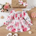 2pcs Baby Girl Allover Floral Print Square Neck Long-sleeve Shirred Mesh Dress Red image 2