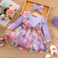 2pcs Baby Girl Long-sleeve Rib Knit Spliced Butterfly Graphic Mesh Bow Front Dress with Headband Set Light Purple image 1