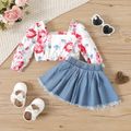 2pcs Baby Girl 100% Cotton Raw Trim Denim Skirt and Allover Floral Print Square Neck Long-sleeve Crop Top Set White image 1