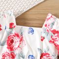 2pcs Baby Girl 100% Cotton Raw Trim Denim Skirt and Allover Floral Print Square Neck Long-sleeve Crop Top Set White