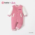 Barbie Baby Girl Letter Graphic Drop Shoulder Long-sleeve Button Front Jumpsuit Pink image 2