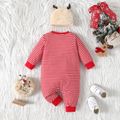 Christmas 2pcs Baby Girl Reindeer Embroidered Red Striped Long-sleeve Button Jumpsuit with Hat Set Red image 2