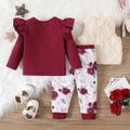 3-Pack Baby Girl 95% Cotton Ruffle Long-sleeve Tee and Floral Print Pants with Fuzzy Vest Set MultiColour image 2