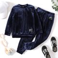 2pcs Kid Boy Embroidered Velvet Dark Blue Sweatshirt and Pants Set Dark Blue image 1