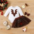 Christmas 3pcs Baby Girl 95% Cotton Long-sleeve Antler Embroidered Romper and Mesh Skirt with Headband Set Brown