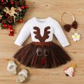 Christmas 3pcs Baby Girl 95% Cotton Long-sleeve Antler Embroidered Romper and Mesh Skirt with Headband Set Brown