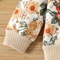 2pcs Baby Girl Cotton Ribbed Pants and Allover Floral Print Lace Ruffle Long-sleeve Pullover Set Apricot image 4