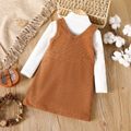 2pcs Toddler Girl Mock Neck Ribbed Long-sleeve White Tee and Button Design Overall Dress Set Reddishbrown image 2