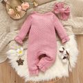 2pcs Baby Girl Pink Knitted Ruffle Trim Bow Front Long-sleeve Jumpsuit with Headband Set Pink image 2