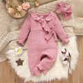 2pcs Baby Girl Pink Knitted Ruffle Trim Bow Front Long-sleeve Jumpsuit with Headband Set Pink image 1