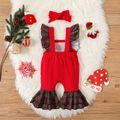 Christmas 2pcs Baby Girl Car & Letter Embroidered Plaid Ruffle Trim Bell Bottom Jumpsuit with Headband Set Red image 2