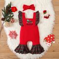 Christmas 2pcs Baby Girl Car & Letter Embroidered Plaid Ruffle Trim Bell Bottom Jumpsuit with Headband Set Red image 1