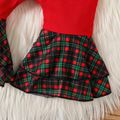 Christmas 2pcs Baby Girl Car & Letter Embroidered Plaid Ruffle Trim Bell Bottom Jumpsuit with Headband Set Red image 3