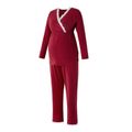 Nursing Lace Trim Long-sleeve Tee and Pants Pajamas Lounge Set Burgundy image 3