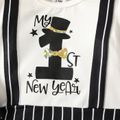 New Year 2pcs Baby Boy Letter Print Black Striped Faux-two Long-sleeve Jumpsuit with Hat Set BlackandWhite image 3