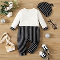 New Year 2pcs Baby Boy Letter Print Black Striped Faux-two Long-sleeve Jumpsuit with Hat Set BlackandWhite image 2