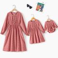 Mommy and Me Pink Swiss Dot Long-sleeve Lace Detail Dresses Dark Pink image 1