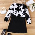 2pcs Kid Girl Textured Long-sleeve Black Dress and Cow Print Fleece Cardigan Set ColorBlock image 1