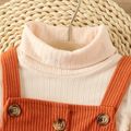 2pcs Baby Girl Solid Ribbed Turtleneck Long-sleeve Top and Corduroy Overall Dress Set Reddishbrown image 5