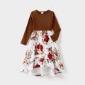 Family Matching Brown Rib Knit Spliced Floral Print Dresses and Long-sleeve Colorblock T-shirts Sets YellowBrown image 4