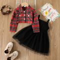 2pcs Toddler Girl Trendy Mesh Splice Cami Dress and Plaid Jacket Set redblack image 2