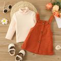 2pcs Baby Girl Solid Ribbed Turtleneck Long-sleeve Top and Corduroy Overall Dress Set Reddishbrown image 3