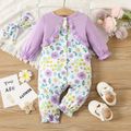 2pcs Baby Girl Purple Long-sleeve Faux-two Floral Print Button Jumpsuit with Headband Set Purple image 1