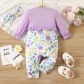 2pcs Baby Girl Purple Long-sleeve Faux-two Floral Print Button Jumpsuit with Headband Set Purple image 2