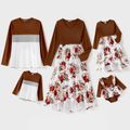 Family Matching Brown Rib Knit Spliced Floral Print Dresses and Long-sleeve Colorblock T-shirts Sets YellowBrown