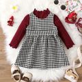 2pcs Baby Girl Solid Knitted Frill Neck Long-sleeve Top and Houndstooth Belted Tank Dress Set ColorBlock image 3