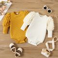 Baby Girl Solid Ribbed Spliced Gigot Sleeve Romper BlanchedAlmond image 2