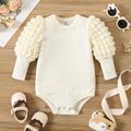 Baby Girl Solid Ribbed Spliced Gigot Sleeve Romper BlanchedAlmond image 2