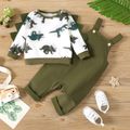 2pcs Baby Boy Allover Dinosaur Print Long-sleeve Sweatshirt and Solid Overalls Set Army green image 2
