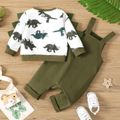 2pcs Baby Boy Allover Dinosaur Print Long-sleeve Sweatshirt and Solid Overalls Set Army green image 3