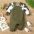 2pcs Baby Boy Allover Dinosaur Print Long-sleeve Sweatshirt and Solid Overalls Set Army green image 1