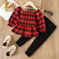 2pcs Toddler Girl Classic Plaid Smocked Blouse and Bowknot Design Cotton Pants Set Red image 2