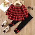 2pcs Toddler Girl Classic Plaid Smocked Blouse and Bowknot Design Cotton Pants Set Red image 1