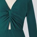 Mommy and Me 95% Cotton Rib Knit V Neck Long-sleeve Ruched Cut Out Bodycon/Mesh Dresses Green image 3