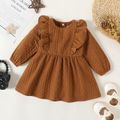Baby Girl Solid Textured Ruffle Trim Long-sleeve Dress Brown