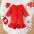 Christmas 2pcs Baby Girl Letter Embroidered Red Thermal Fuzzy Long-sleeve Bell Bottom Jumpsuit with Headband Set Red image 2