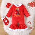 Christmas 2pcs Baby Girl Letter Embroidered Red Thermal Fuzzy Long-sleeve Bell Bottom Jumpsuit with Headband Set Red image 1