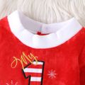 Christmas 2pcs Baby Girl Letter Embroidered Red Thermal Fuzzy Long-sleeve Bell Bottom Jumpsuit with Headband Set Red image 3