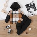 2pcs Baby Boy Plaid Spliced Black Long-sleeve Button Front Hoodie and Sweatpants Set BrownishBlack image 1